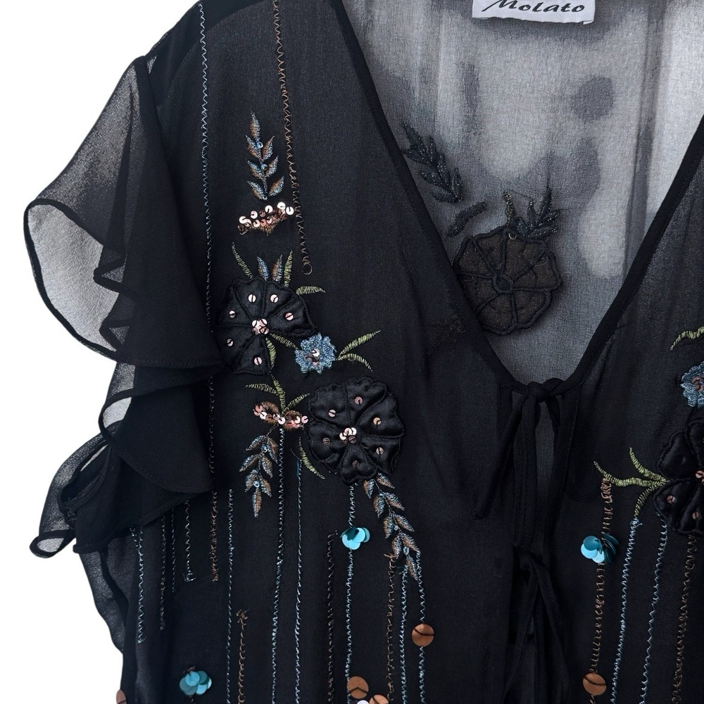 Y2K Molato Black Sheer Floral Sequin Tiefront Cardigan Whimsical Ethereal XL/XXL - Picture 5 of 12